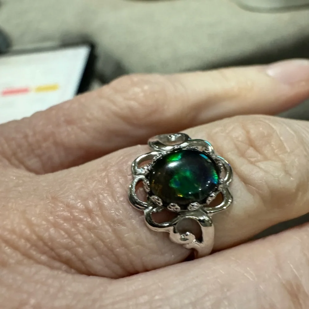 Sterling Silver Ammolite Ring | Size 4.75 | Natural Fire | Statement Setting